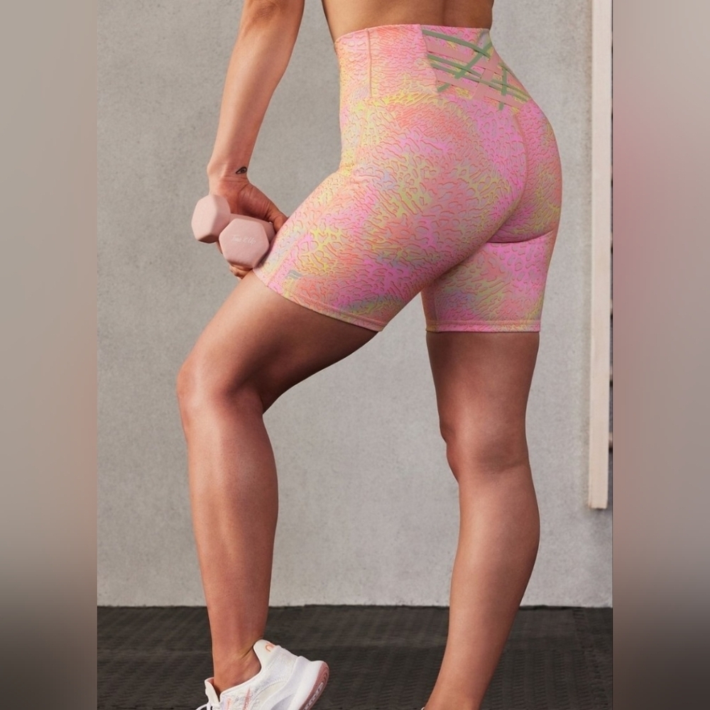 Fabletics Pink & Yellow High-Waist Athletic Bike Shorts